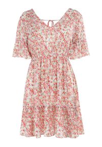 Born2be - Różowa Sukienka Myspheme. Typ kołnierza: dekolt w serek. Kolor: różowy. Materiał: tkanina. Długość rękawa: krótki rękaw. Wzór: kolorowy, kwiaty. Sezon: lato. Długość: mini #4