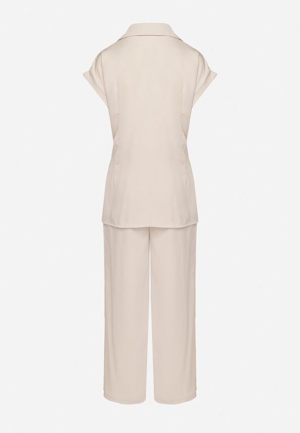 Born2be - Beżowy Komplet Koszula z Asymetrycznym Wiązaniem i Szerokie Spodnie Filivara. Kolor: beżowy