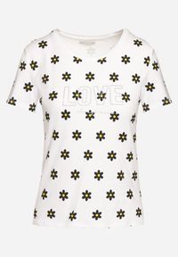 Born2be - Biały T-shirt Bawełniany z Motywem Kwiatów Ozdobiony Cyrkoniami Atentia. Okazja: na co dzień. Kolor: biały. Materiał: bawełna. Wzór: kwiaty, aplikacja. Styl: casual #3