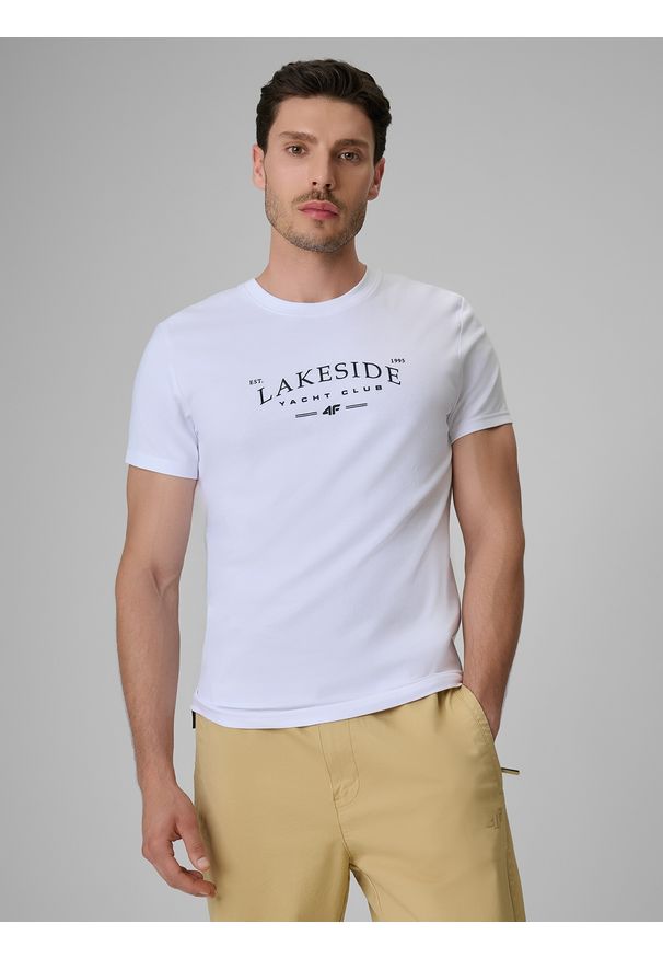 4f - 4F T-shirt regular z nadrukiem męski - biały M. Okazja: na co dzień. Kolor: biały. Materiał: bawełna, dzianina. Wzór: nadruk. Styl: casual, klasyczny, sportowy