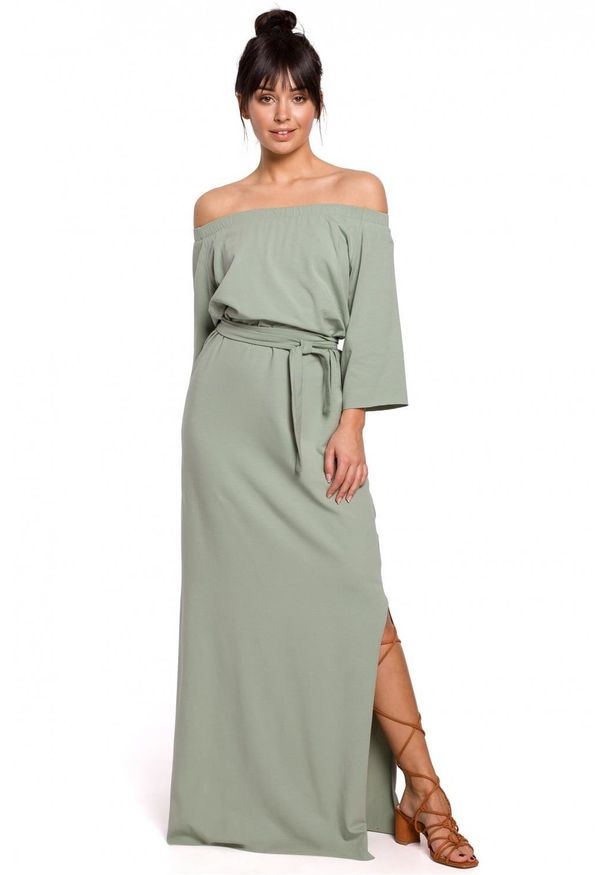 BE - Bawełniana sukienka maxi z odkrytymi ramionami na lato. Okazja: na co dzień. Materiał: bawełna. Sezon: lato. Typ sukienki: z odkrytymi ramionami. Styl: casual. Długość: maxi