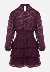 Born2be - Fioletowa Taliowana Sukienka Mini Koronkowa z Falbankami Ciluna. Okazja: na co dzień. Typ kołnierza: kołnierz z falbankami. Kolor: fioletowy. Materiał: koronka. Wzór: aplikacja. Styl: klasyczny, casual, elegancki. Długość: mini #2