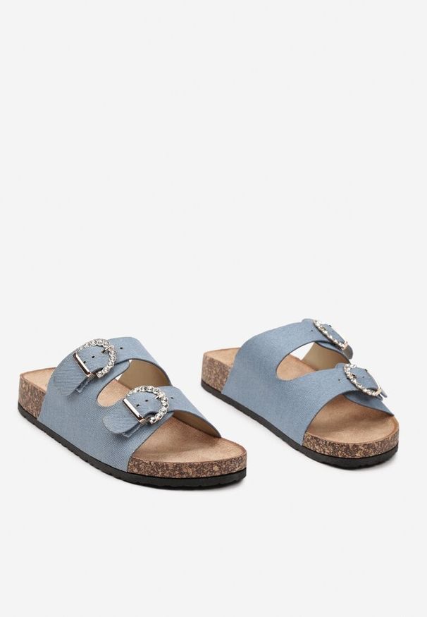 Born2be - Niebieskie Klapki na Grubej Podeszwie z Korkową Wstawką i Dwiema Klamrami Tamalle. Nosek buta: otwarty. Kolor: niebieski. Materiał: len. Sezon: lato. Styl: elegancki