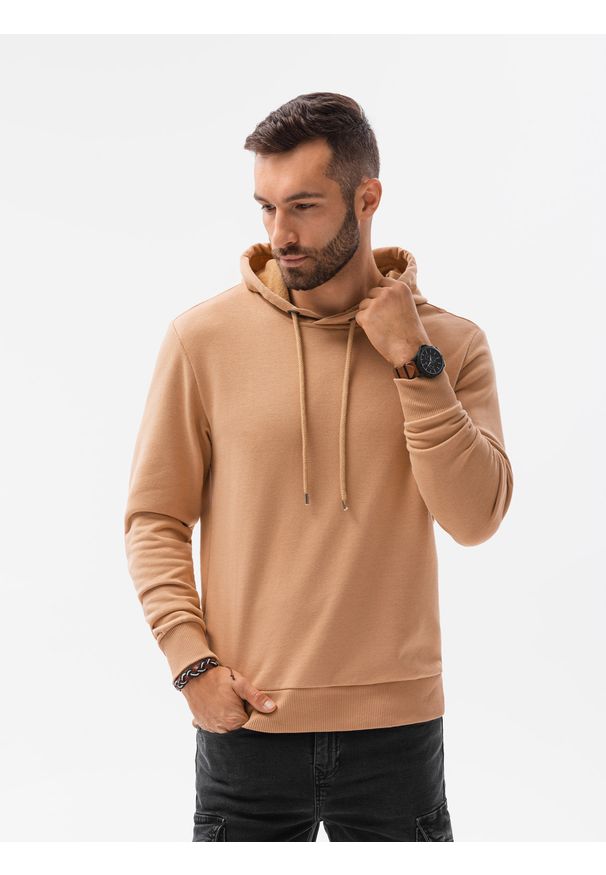 Beżowa bluza Ombre Clothing z kapturem, z nadrukiem
