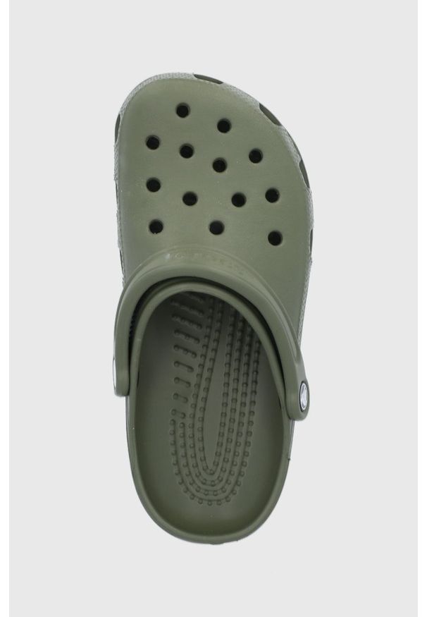 Crocs Klapki damskie kolor zielony. Kolor: zielony. Materiał: guma, materiał. Wzór: gładki. Obcas: na obcasie. Wysokość obcasa: niski