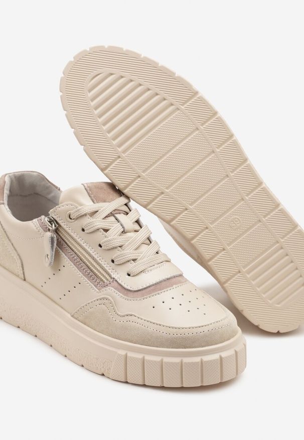 Renee - Beżowe Sneakersy z Naturalnej Skóry na Grubej Podeszwie z Suwakiem Soravelle. Okazja: na co dzień. Kolor: beżowy. Materiał: skóra