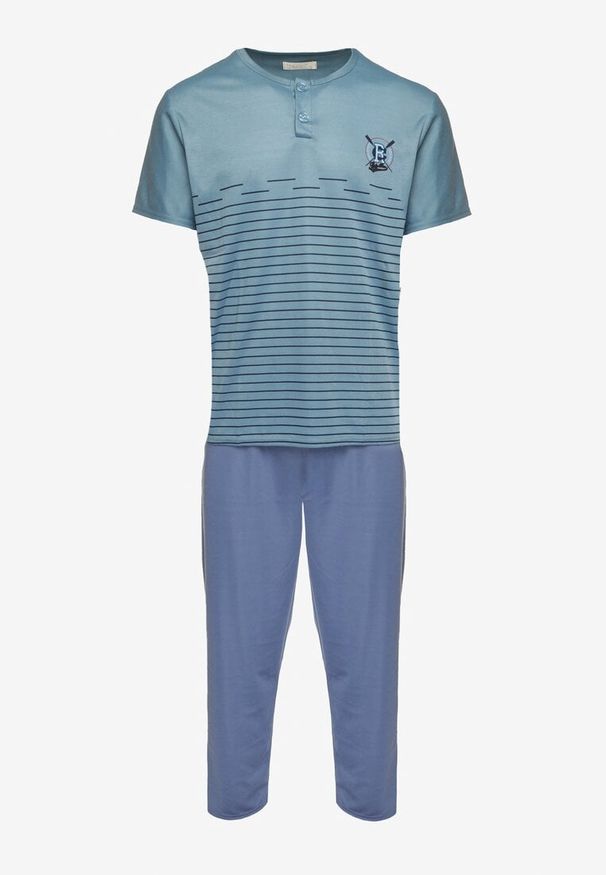 Born2be - Niebieska Bawełniana Piżama Góra w Paski Zapinana na Guziki Spodnie z Gumką w Pasie Sezizia. Kolor: niebieski. Materiał: bawełna. Długość: krótkie. Wzór: paski