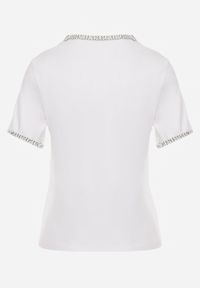 Renee - Biały Gładki T-shirt Bawełniany z Ozdobnymi Lamówkami z Warkoczowego Splotu Thalia. Kolor: biały. Materiał: bawełna. Wzór: gładki, ze splotem #2