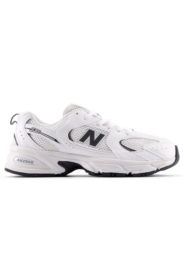 Buty dziecięce New Balance GR530CF – białe. Okazja: na uczelnię, na co dzień. Kolor: biały. Materiał: materiał, syntetyk, guma. Szerokość cholewki: normalna
