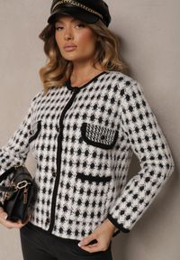 Renee - Biały Wiskozowy Kardigan Ozdobiony Wzorem w Pepitkę i Guzikami Saveri. Kolor: biały. Materiał: wiskoza. Wzór: aplikacja. Styl: retro, elegancki #3
