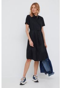 DKNY - Dkny sukienka kolor czarny midi rozkloszowana. Kolor: czarny. Materiał: tkanina. Długość rękawa: krótki rękaw. Typ sukienki: rozkloszowane. Długość: midi #4