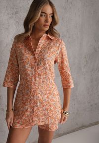 Renee - Pomarańczowy Komplet z Bawełny w Kwiaty Koszula i Krótkie Spodenki Brannaestra. Kolor: pomarańczowy. Materiał: bawełna. Wzór: kwiaty #4