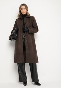 Born2be - Brązowy Jednorzędowy Płaszcz z Wełną i Wiskozą w Stylu Trencza Lutila. Okazja: na co dzień, na spotkanie biznesowe. Kolor: brązowy. Materiał: wełna, wiskoza. Styl: biznesowy, casual, elegancki #6