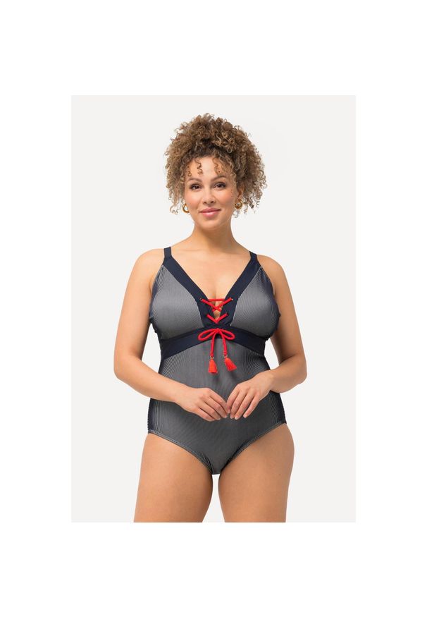 ULLA POPKEN - Damski Strój kąpielowy paski miękkie miseczki ramiączka z regulacją. Kolekcja: plus size. Kolor: niebieski. Materiał: poliester, elastan, poliamid, materiał. Wzór: paski