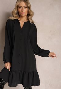 Renee - Czarna Koszulowa Sukienka Mini Galdra. Kolor: czarny. Wzór: aplikacja. Typ sukienki: koszulowe. Długość: mini #5