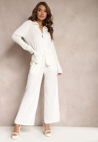 Renee - Biały Komplet Casualowy Szerokie Spodnie z Gumką w Pasie i Koszula Sansia. Kolor: biały #1