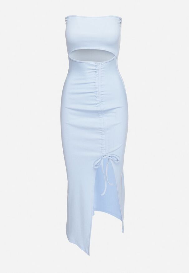 Born2be - Niebieska Bawełniana Sukienka Bandeau z Rozcięciem w Talii Vikiriea. Okazja: na imprezę, na plażę. Kolor: niebieski. Materiał: bawełna. Sezon: lato. Styl: elegancki, klasyczny