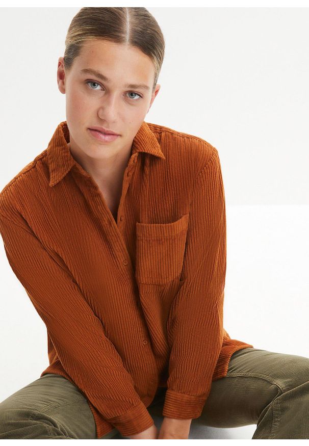 bonprix - Koszula sztruksowa z bawełny. Kolor: brązowy. Materiał: bawełna, sztruks