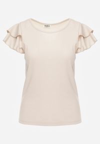 Born2be - Beżowa Bawełniana Bluzka o Prostym Kroju z Krótkim Rękawem z Falbanek Himoni. Okazja: do pracy, na co dzień. Typ kołnierza: kołnierz z falbankami. Kolor: beżowy. Materiał: bawełna. Długość rękawa: krótki rękaw. Długość: krótkie. Styl: elegancki, klasyczny, casual #2