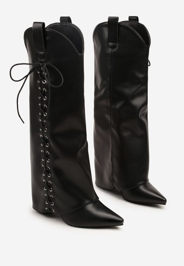 Born2be - Czarne Kozaki na Obcasie z Wywiniętą Cholewką i Sznurowaniem Latisela. Okazja: na co dzień. Zapięcie: sznurówki. Kolor: czarny. Materiał: jeans. Szerokość cholewki: normalna. Obcas: na obcasie. Styl: klasyczny, casual, elegancki. Wysokość obcasa: średni