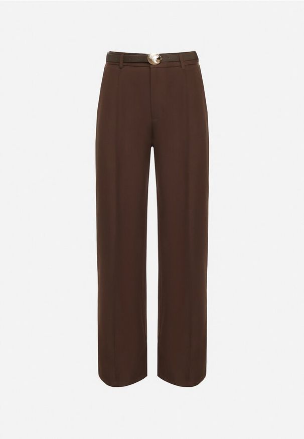Born2be - Brązowe Garniturowe Spodnie o Szerokim Kroju z Paskiem ze Sprzączką Muszelką Saliavia. Okazja: na co dzień. Kolor: brązowy. Styl: elegancki, casual, klasyczny