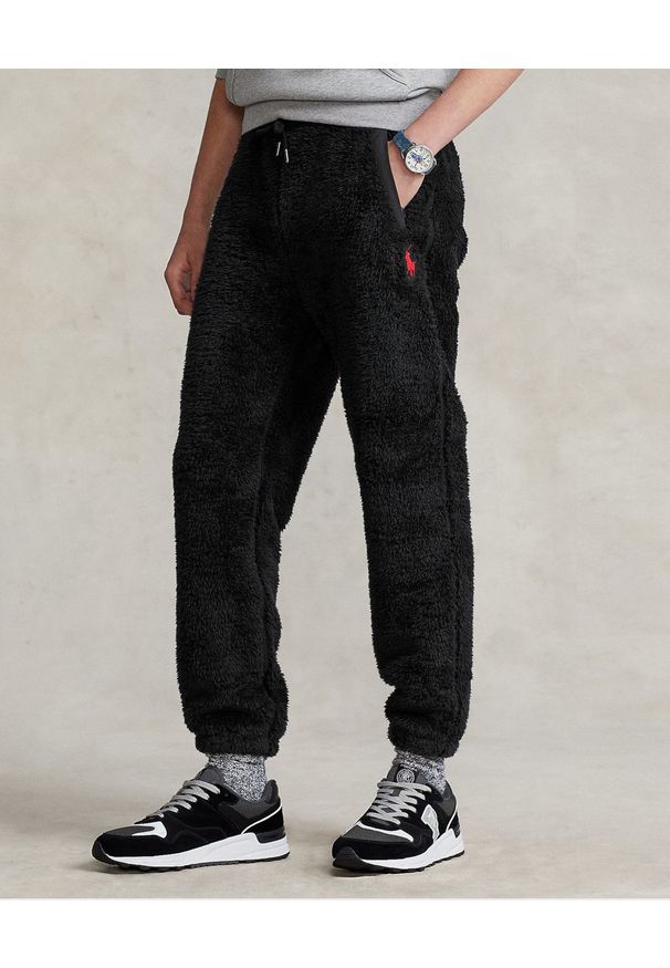 Ralph Lauren - RALPH LAUREN - Czarne spodnie z pluszu. Kolor: czarny. Wzór: haft