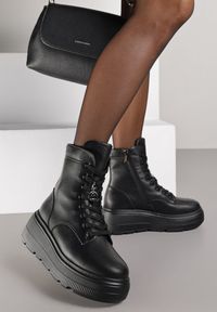 Renee - Czarne Botki Workery na Platformie ze Skóry Naturalnej Vernica. Okazja: na co dzień. Kolor: czarny. Materiał: skóra. Obcas: na platformie. Styl: street, casual
