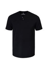 Męski T-Shirt, Dekolt z Guzikami - Pako Jeans - Czarna. Okazja: na co dzień. Kolor: czarny. Materiał: bawełna. Styl: casual