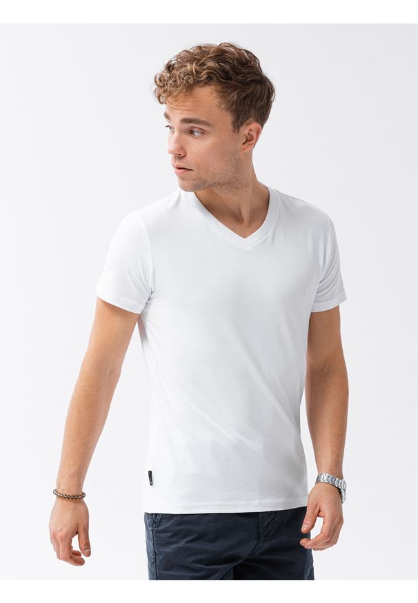 Ombre Clothing - T-shirt męski bez nadruku S1183 - biały - XXL. Typ kołnierza: dekolt w serek. Kolor: biały. Materiał: elastan, bawełna. Styl: klasyczny