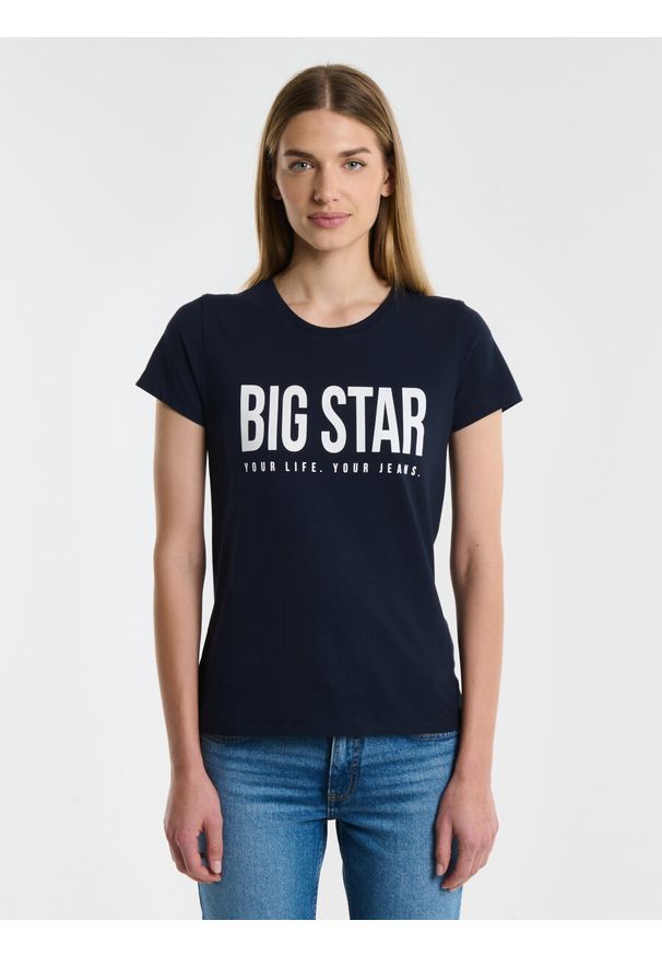 Big-Star - Koszulka damska z nadrukiem granatowa Brigida 403. Kolor: niebieski. Materiał: jeans, dzianina, skóra. Wzór: nadruk. Styl: klasyczny