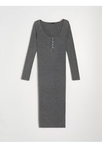 Sinsay - Sukienka midi z guzikami przy dekolcie - szary. Kolor: szary. Długość: midi #1