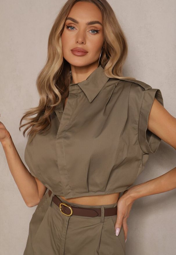 Renee - Ciemnozielony Komplet w Stylu Utility Koszula Cropped Bez Rękawów i Spódnica z Kieszeniami Notcha. Kolor: zielony