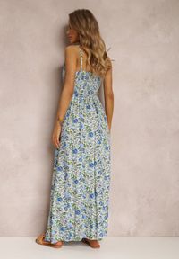 Renee - Niebieska Sukienka Auxeris. Kolor: niebieski. Materiał: wiskoza. Długość rękawa: na ramiączkach. Wzór: nadruk, kwiaty, kolorowy. Typ sukienki: kopertowe #3