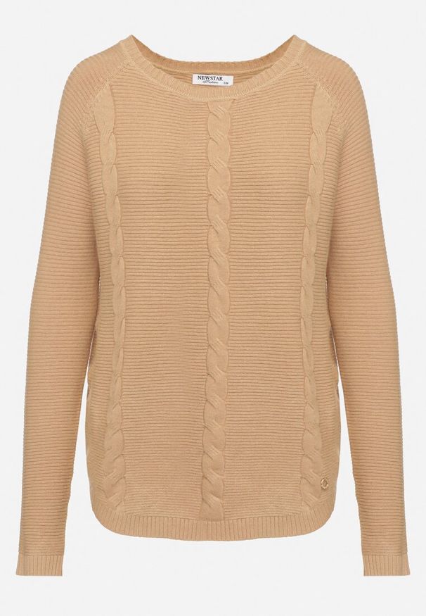 Born2be - Ciemnobeżowy Klasyczny Sweter Ozdobiony Tłoczeniem Sealoria. Okazja: na co dzień. Kolor: beżowy. Materiał: jeans, wiskoza. Długość rękawa: długi rękaw. Długość: długie. Wzór: aplikacja. Styl: klasyczny
