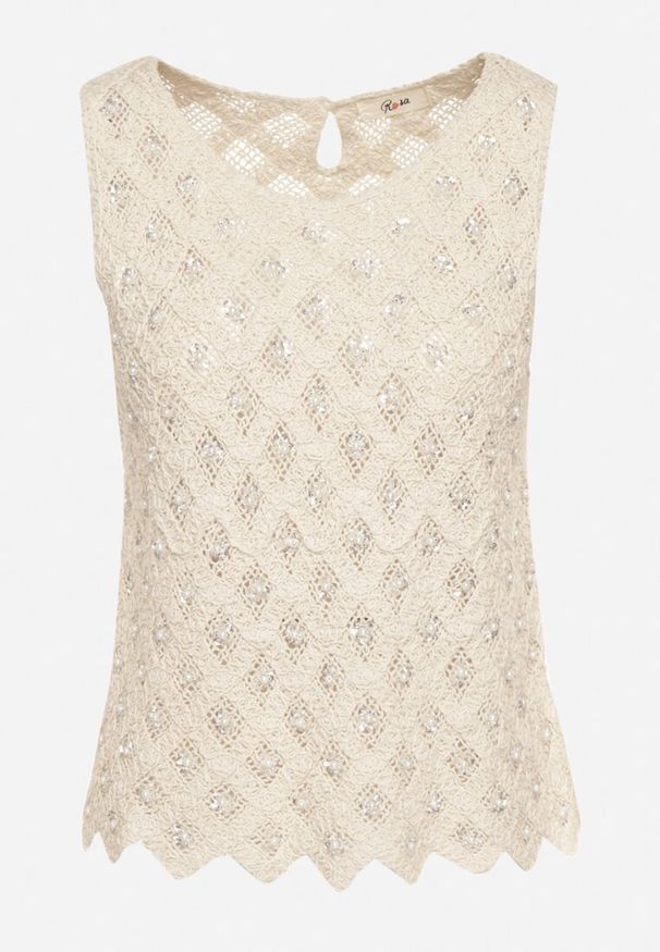 Born2be - Beżowa Bluzka z Ażurowym Wzorem i Perełkami Halurea. Kolor: beżowy. Wzór: ażurowy. Sezon: wiosna, lato