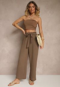 Renee - Ciemnobrązowe Spodnie z Wiskozą o Szerokim Kroju High Waist z Wiązaniem Ivelwia. Stan: podwyższony. Kolor: brązowy. Materiał: wiskoza. Sezon: lato #4