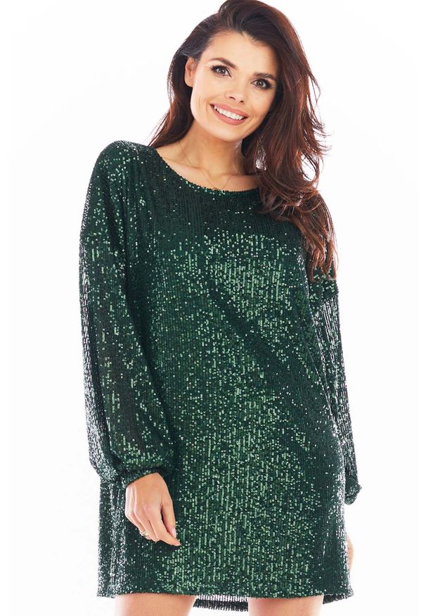 Awama - Luźna Mini Sukienka w Stylu Glamour - Zielona. Kolor: zielony. Materiał: poliester. Styl: glamour. Długość: mini