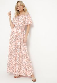 Born2be - Biało-Pomarańczowa Rozkloszowana Sukienka z Bawełną i Abstrakcyjnym Wzorem Ldivoria. Okazja: na spacer, na imprezę. Kolor: biały. Materiał: bawełna. Styl: elegancki #7