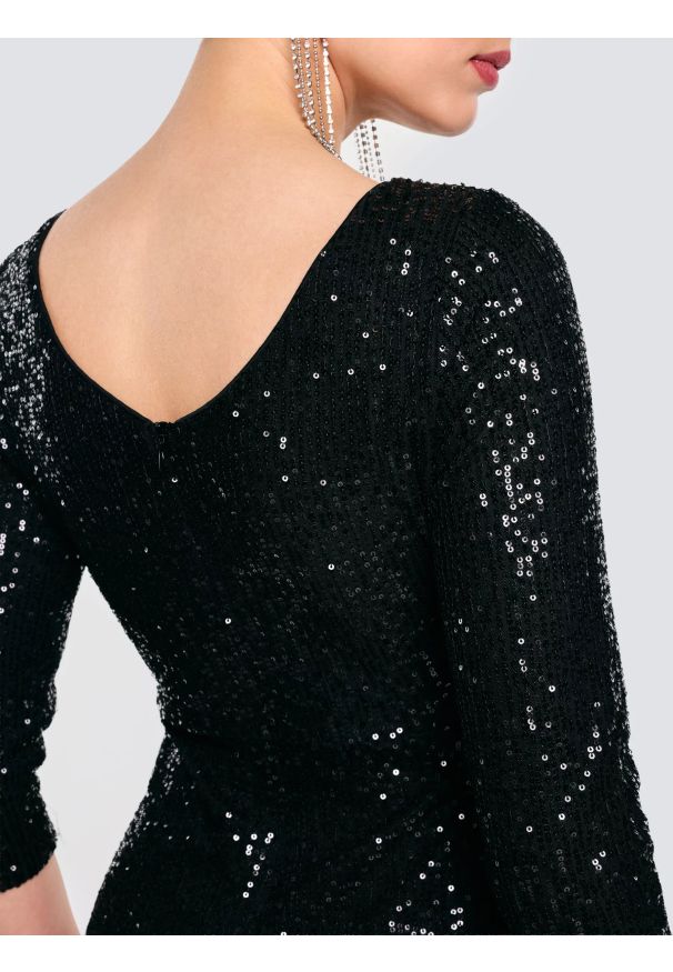 Big-Star - Sukienka damska midi cekinowa z rękawem 3/4 czarna Alex 906. Okazja: na imprezę. Kolor: czarny. Długość: midi