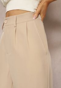 Renee - Beżowe Garniturowe Spodnie High Waist z Gumką w Talii Oziara. Okazja: na co dzień. Stan: podwyższony. Kolor: beżowy. Długość: długie. Styl: casual, elegancki #4