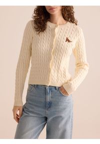 Reserved - Kardigan z haftem - kremowy. Kolor: kremowy. Materiał: dzianina, bawełna. Wzór: haft #1