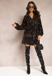 Renee - Czarno-Złota Połyskująca Sukienka Rozkloszowana Mini w Cekiny Meas. Kolor: czarny. Materiał: tkanina, welur. Typ sukienki: rozkloszowane. Długość: mini #4