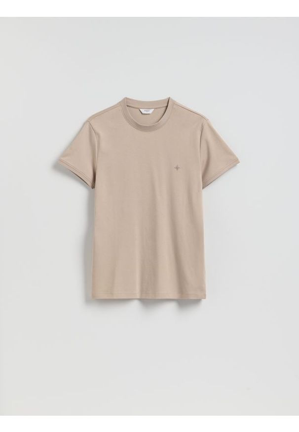 Reserved - Bawełniany t-shirt slim fit - beżowy. Kolor: beżowy. Materiał: bawełna