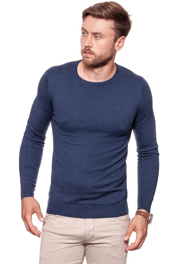 Wrangler - MĘSKI SWETER WRANGLER CREW KNIT NAVY W85672P35. Kolor: niebieski. Wzór: jednolity. Styl: klasyczny