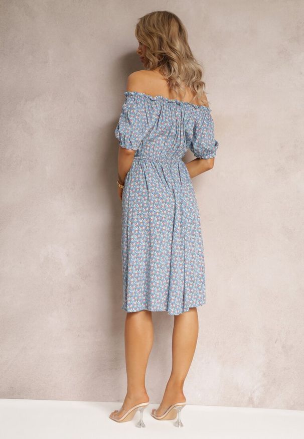 Renee - Niebieska Sukienka Hiszpanka z Gumką w Talii z Wiskozy Alines. Typ kołnierza: dekolt hiszpanka. Kolor: niebieski. Materiał: wiskoza