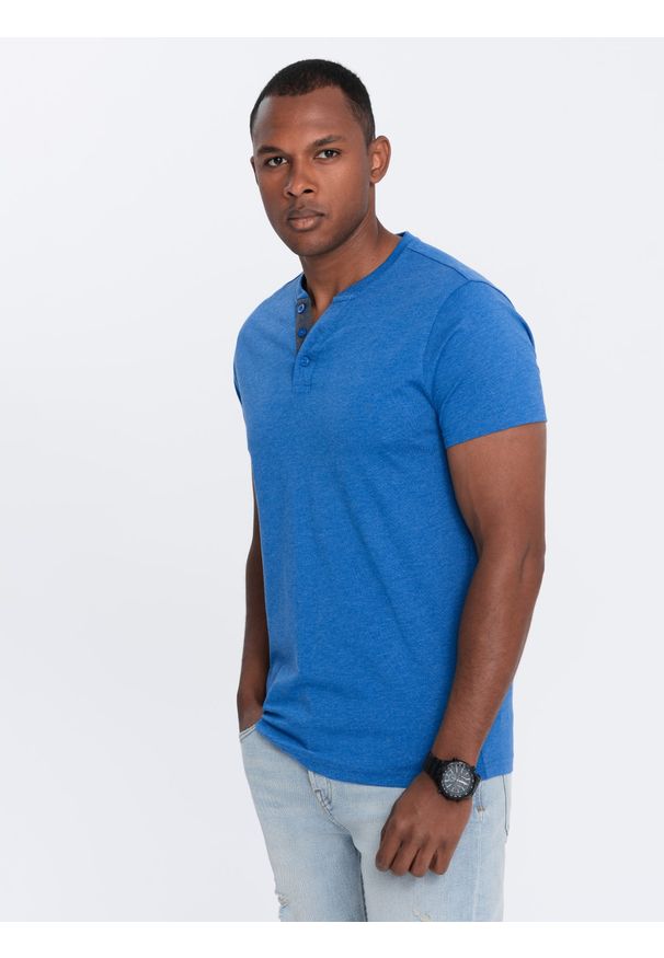 Ombre Clothing - Męski t-shirt z okrągłym rozpinanym dekoltem henley – niebieski V2 - Rozmiar: XL. Okazja: na co dzień. Typ kołnierza: typu henley. Kolor: niebieski. Materiał: poliester, bawełna. Styl: casual