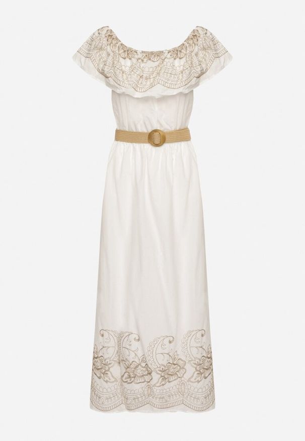 Born2be - Biała Sukienka Hiszpanka w Stylu Boho z Haftem i Paskiem z Klamrą Mellirna. Okazja: na co dzień. Typ kołnierza: dekolt hiszpanka. Kolor: biały. Materiał: poliester, materiał. Wzór: haft. Styl: boho