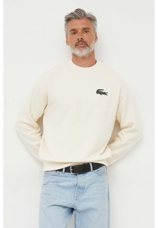 Lacoste bluza bawełniana męska kolor beżowy z aplikacją. Kolor: beżowy. Materiał: bawełna. Wzór: aplikacja