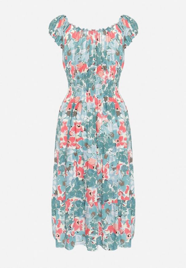 Born2be - Zielono-Niebieska Wiskozowa Sukienka Midi z Falbanką i Kwiatowym Wzorem Exordia. Kolor: zielony. Materiał: wiskoza. Wzór: kwiaty. Długość: midi