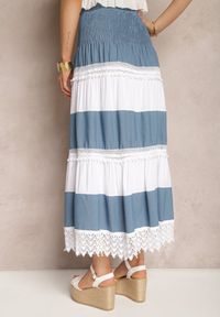 Renee - Niebiesko-Biała Spódnica z Bawełny w Stylu Boho z Gumką i Sznurkiem w Talii Uvinia. Kolor: niebieski. Materiał: bawełna. Sezon: lato. Styl: boho